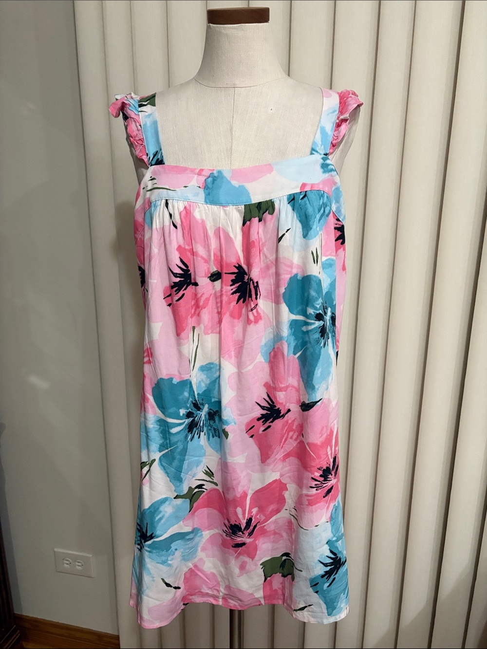 Bold Floral babydoll shift dress mini lined ruffle straps square neck / back  L
